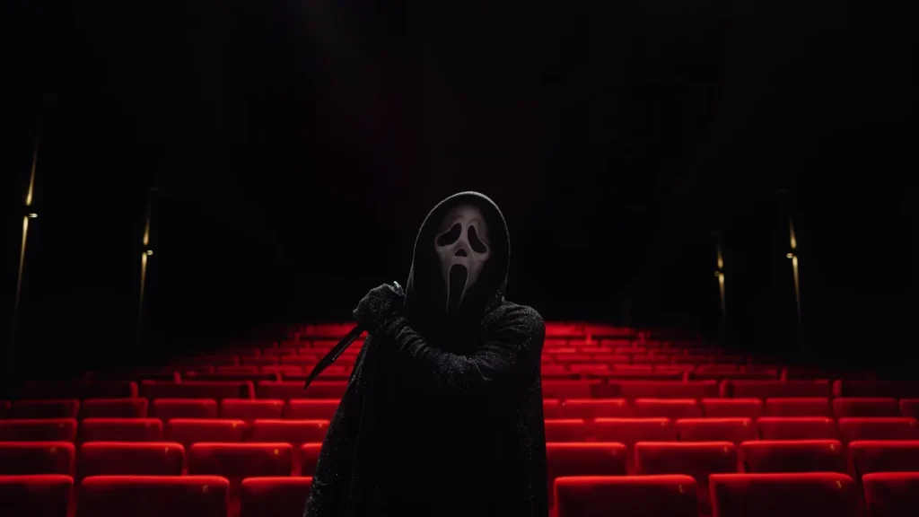 Ghostface dans une salle de cinéma rouge avant-première Scream 7 à Nice.