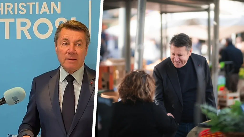 Christian Estrosi lors de sa déclaration à la presse (à gauche) et en campagne sur un marché niçois (à droite)