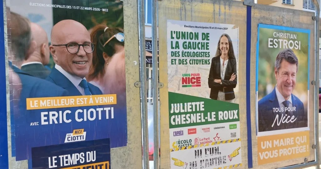 Affiches electorales municipales Nice 2026 Ciotti Chesnel-Le Roux Estrosi