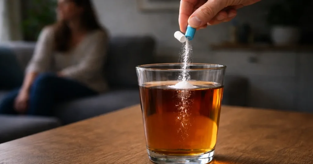Illustration soumission chimique - gélule versée dans un thé