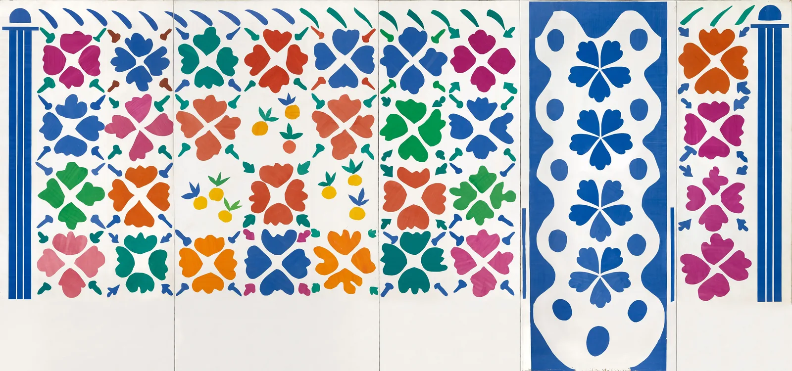 Fleurs et fruits de Matisse, vaste composition en papiers découpés multicolores