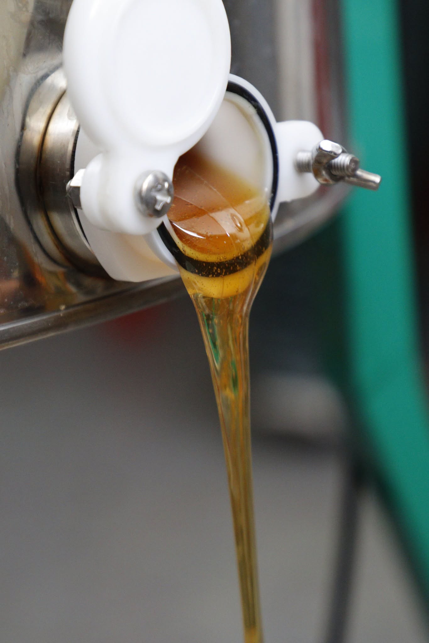 Filet de miel doré coulant du robinet de la cuve après centrifugation