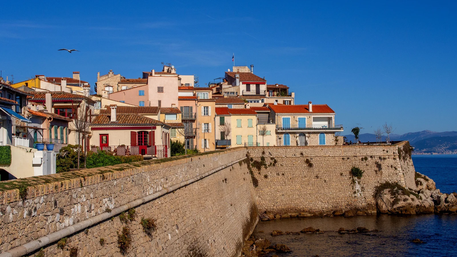 Façades colorées de la vieille ville d'Antibes au-dessus des remparts en bord de mer