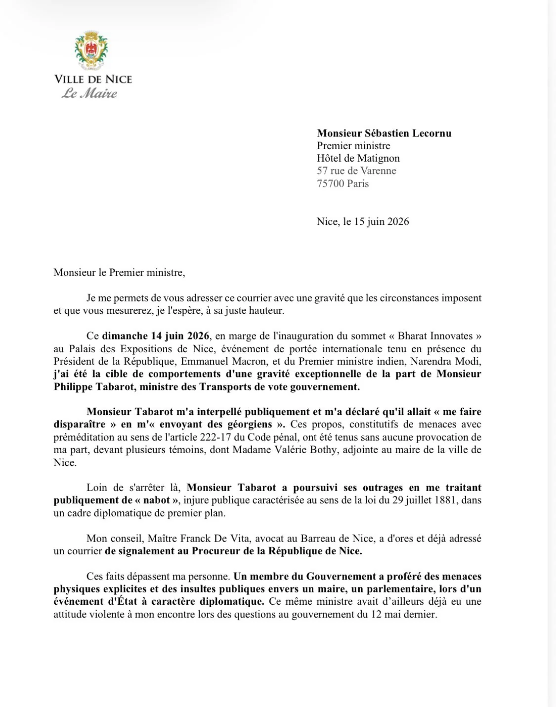 Première page de la lettre d'Éric Ciotti au Premier ministre Sébastien Lecornu