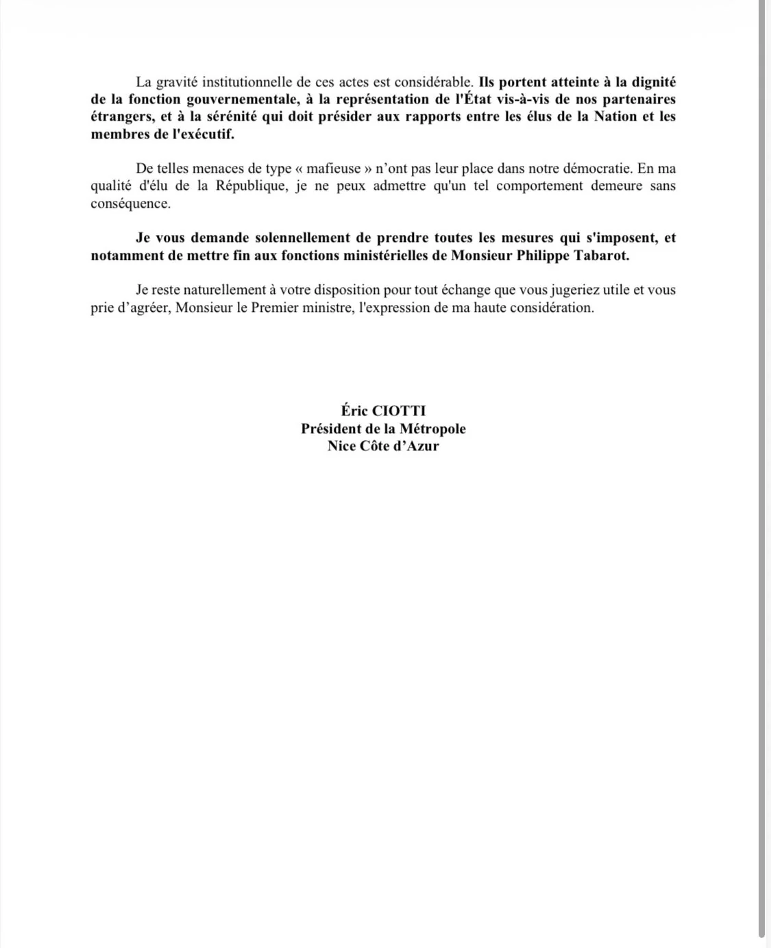 Seconde page de la lettre d'Éric Ciotti demandant le départ de Philippe Tabarot