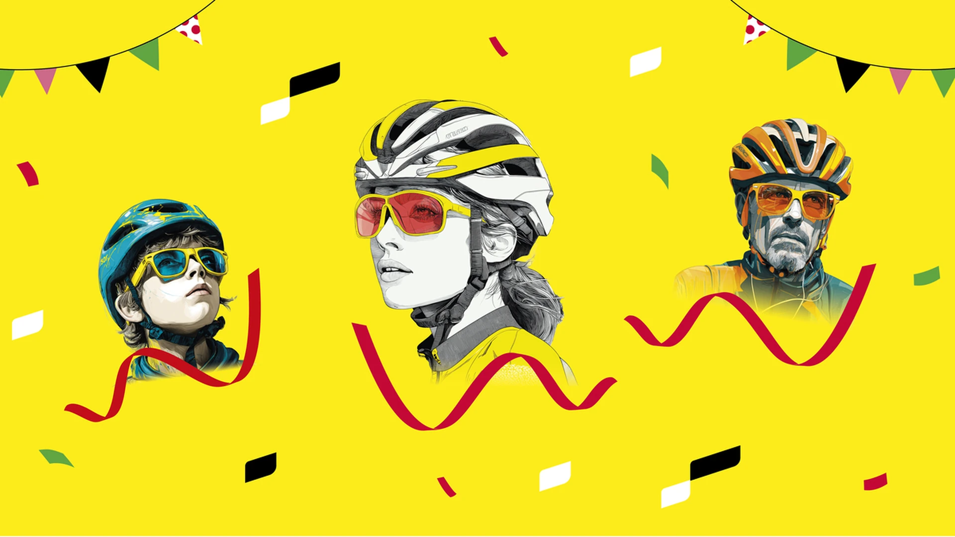 Affiche Nice fête le Tour au féminin : trois cyclistes sur fond jaune festif