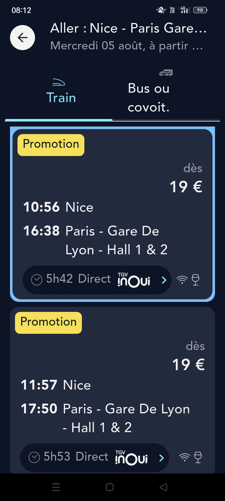 SNCF Connect : deux TGV INOUI Nice-Paris à 19 € le mercredi 5 août, à 10h56 et 11h57