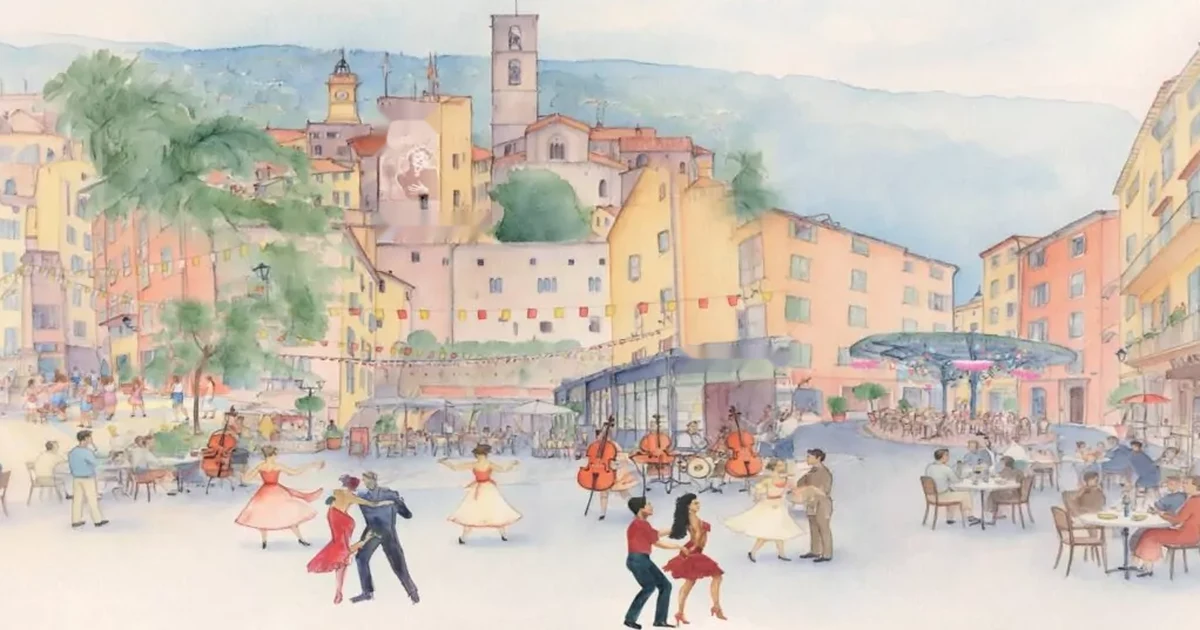 Illustration aquarelle du festival Grasse à Edith : danseurs et orchestre sur une place du centre historique de Grasse