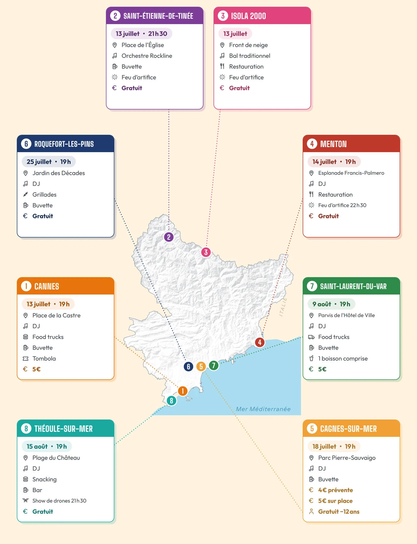 Carte des Alpes-Maritimes avec les huit bals des pompiers de l'été 2026 : dates, lieux et tarifs