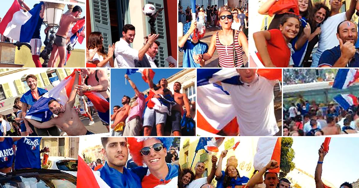 Montage de photos des célébrations du titre mondial 2018 à Nice, supporters drapeaux tricolores place Masséna