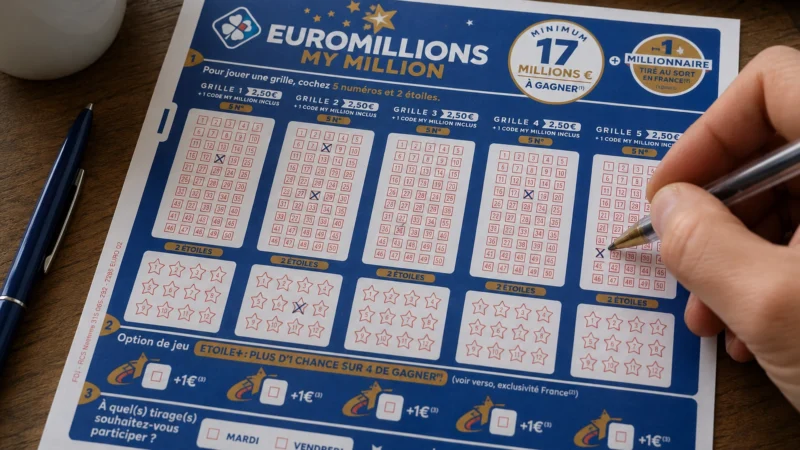 Bulletins de Euromillions de la Fran&ccedil;aise des jeux pos&eacute;s sur une table