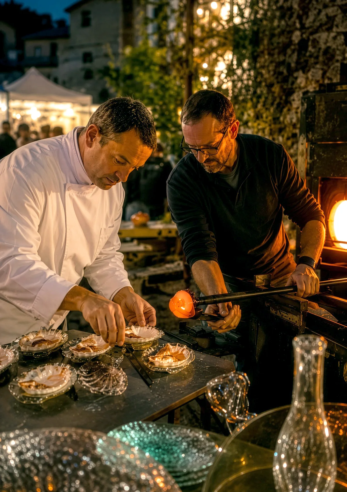 Un chef étoilé dresse une assiette à côté d’un maître verrier pendant la soirée gastronomique du Biot International Glass Festival