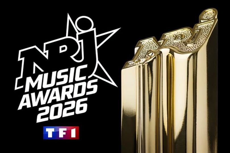 Visuel officiel des NRJ Music Awards 2026 avec le logo, le trophée doré et le logo TF1