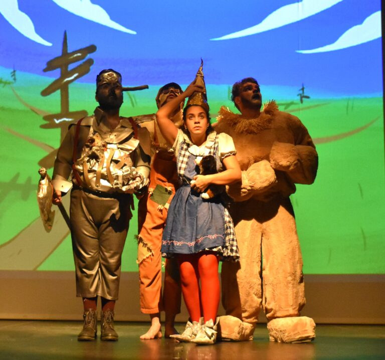 Dorothy entourée du Bûcheron en fer-blanc, de l'Épouvantail et du Lion devant un décor de ciel bleu